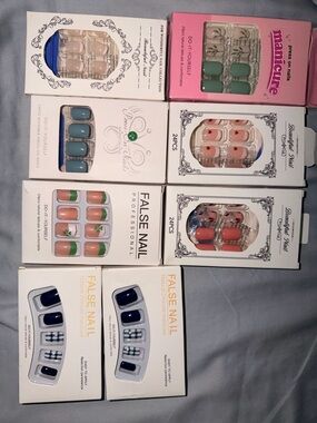 8 Assorted False Nail Press-On Set - Blue, Green, Pink, Coral, Navy